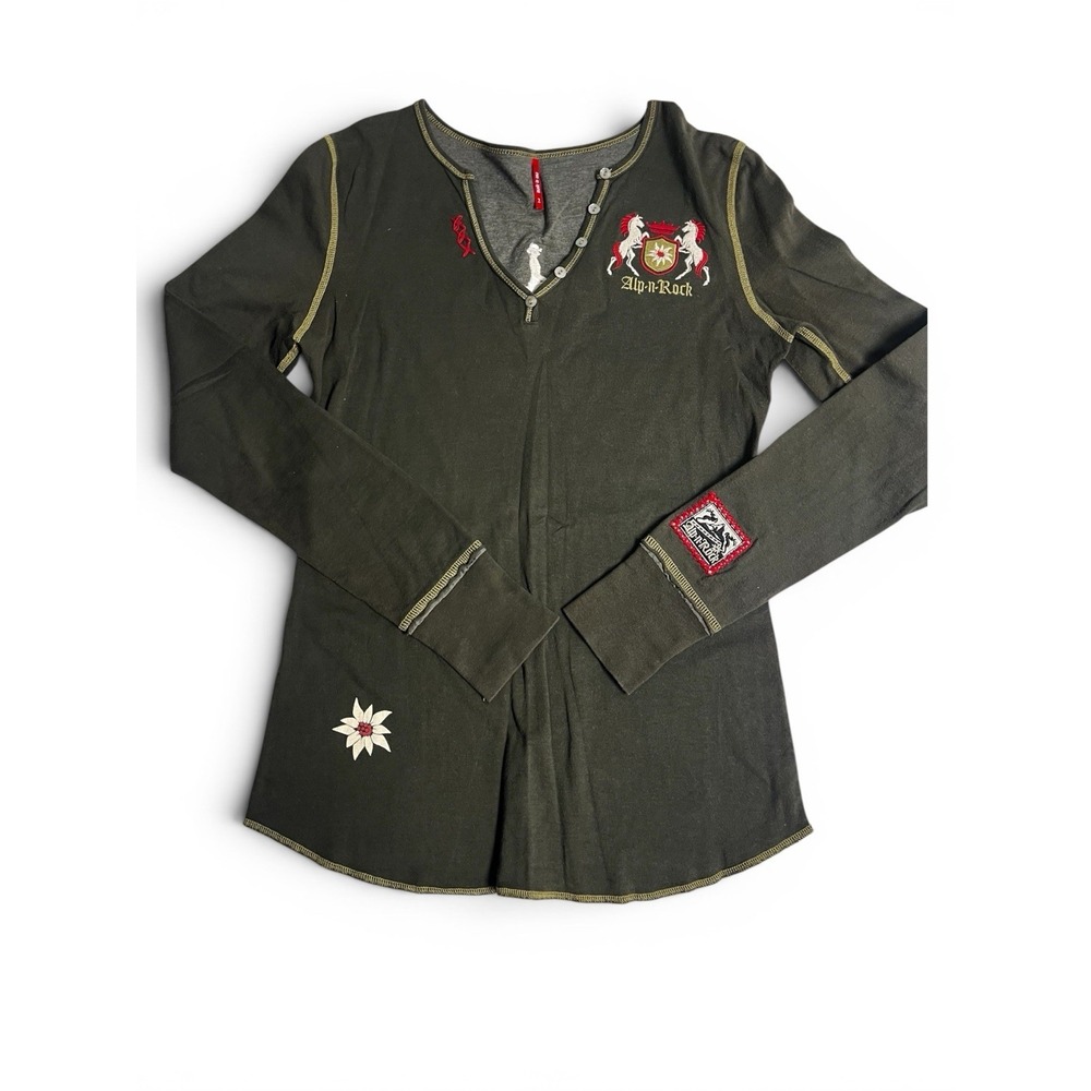 VTG y2k ALP-N-ROCK Dressage Equestrian Horse Henley shirt top sz 2 Olive Green